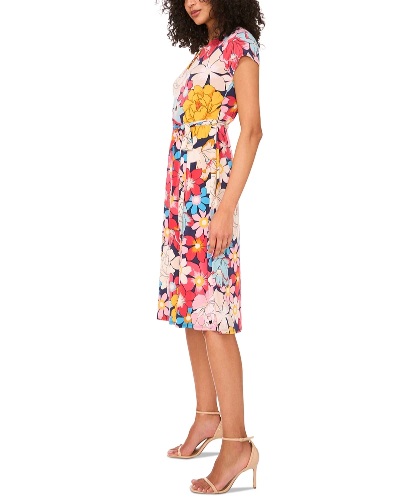 Msk Petite Printed O-Ring-Trim Short-Sleeve Dress