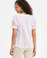 Style & Co Women's Cotton Printed Contrast-Stitch Puff-Sleeve Top, Exclusively at Macy's
