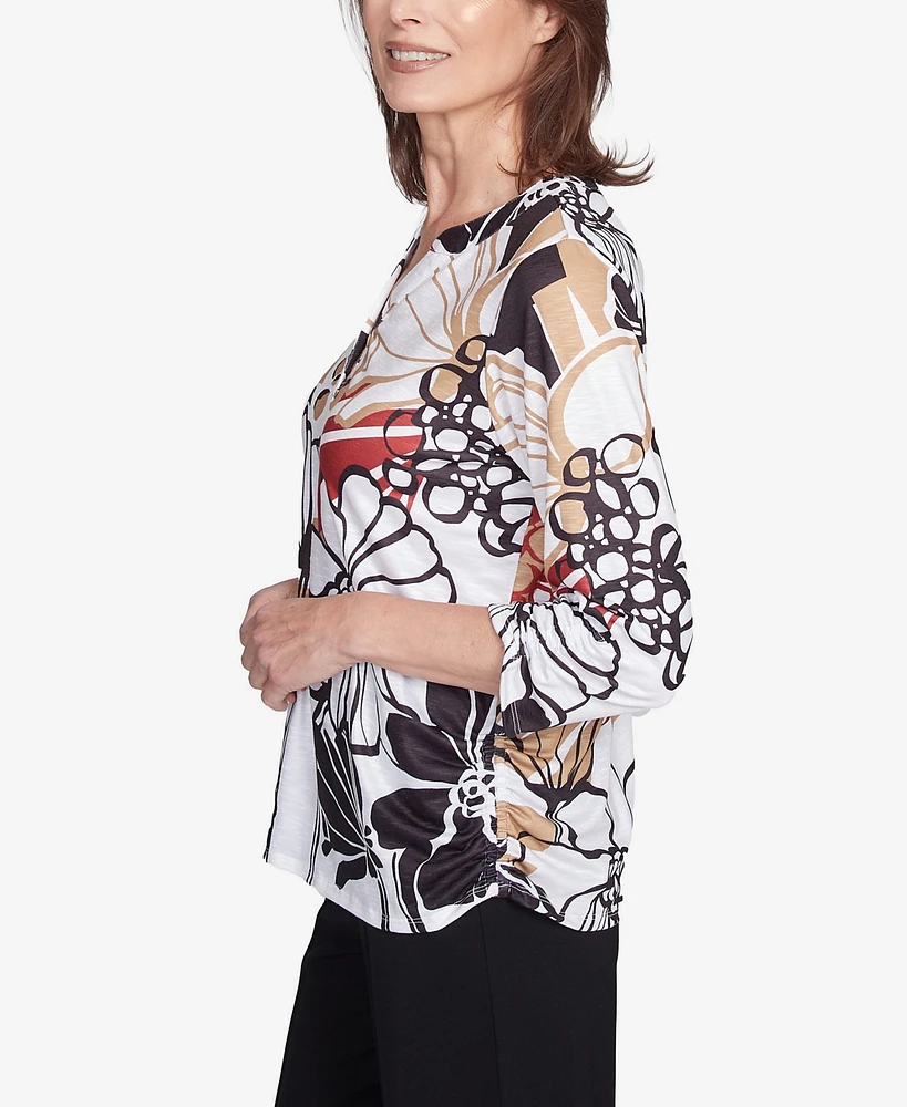 Alfred Dunner Women's Natural Instinct Bold Floral Illustrated Henley Mandarin Collar Top