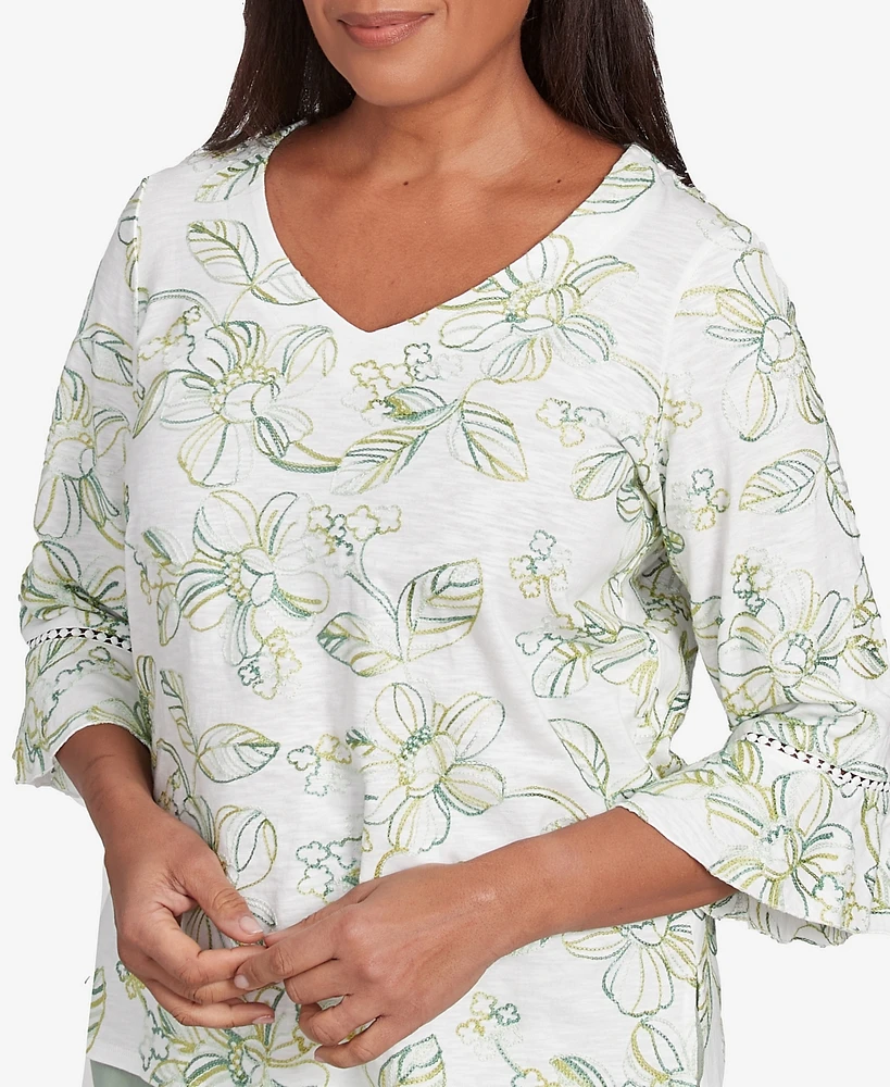 Alfred Dunner Women's Santa Fe Embroidered Floral Vines Cotton Top