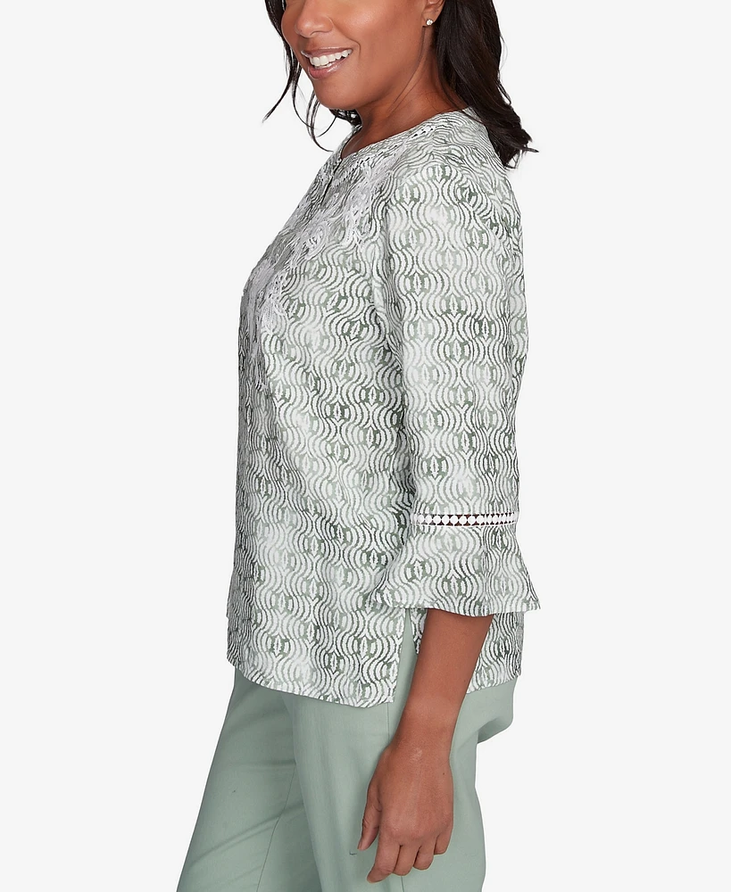 Alfred Dunner Women's Santa Fe Embroidered Geometric Flare Sleeve Top