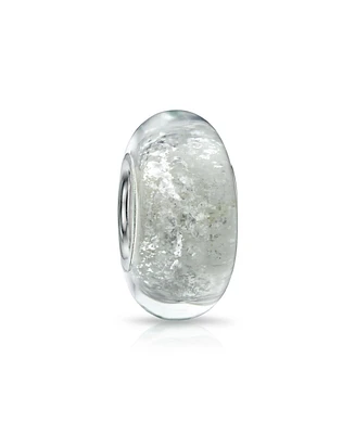 Bling Jewelry Murano Glass Charm Bead with Sterling Silver Core and White Glitter Foil Design