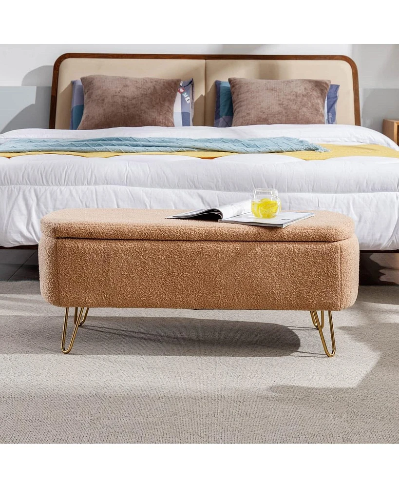 Modern Faux Fur Upholstered Storage Ottoman Bench with Metal Legs Padded Entryway or Bedroom Seat for End of Bed Hallway Organization-The Pop Home