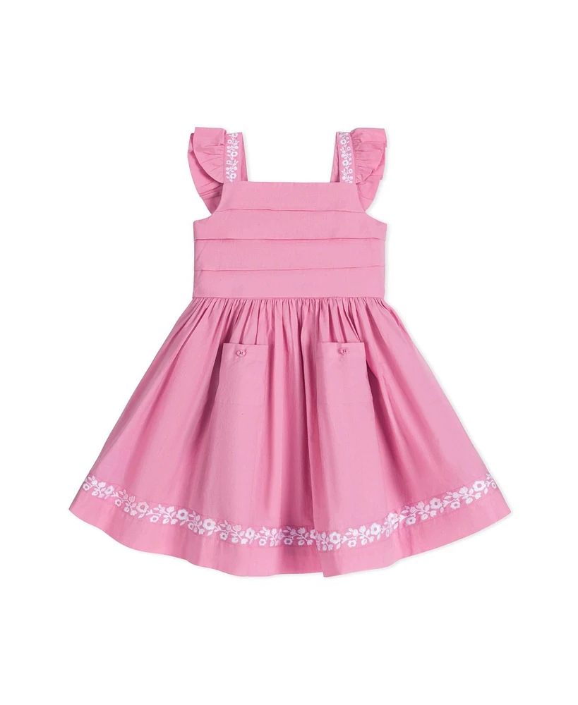 Hope & Henry Toddler Girls Pleated Flutter Sleeve Apron Dress with Embroidery