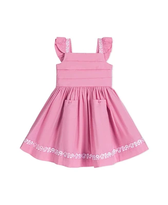 Hope & Henry Toddler Girls Pleated Flutter Sleeve Apron Dress with Embroidery