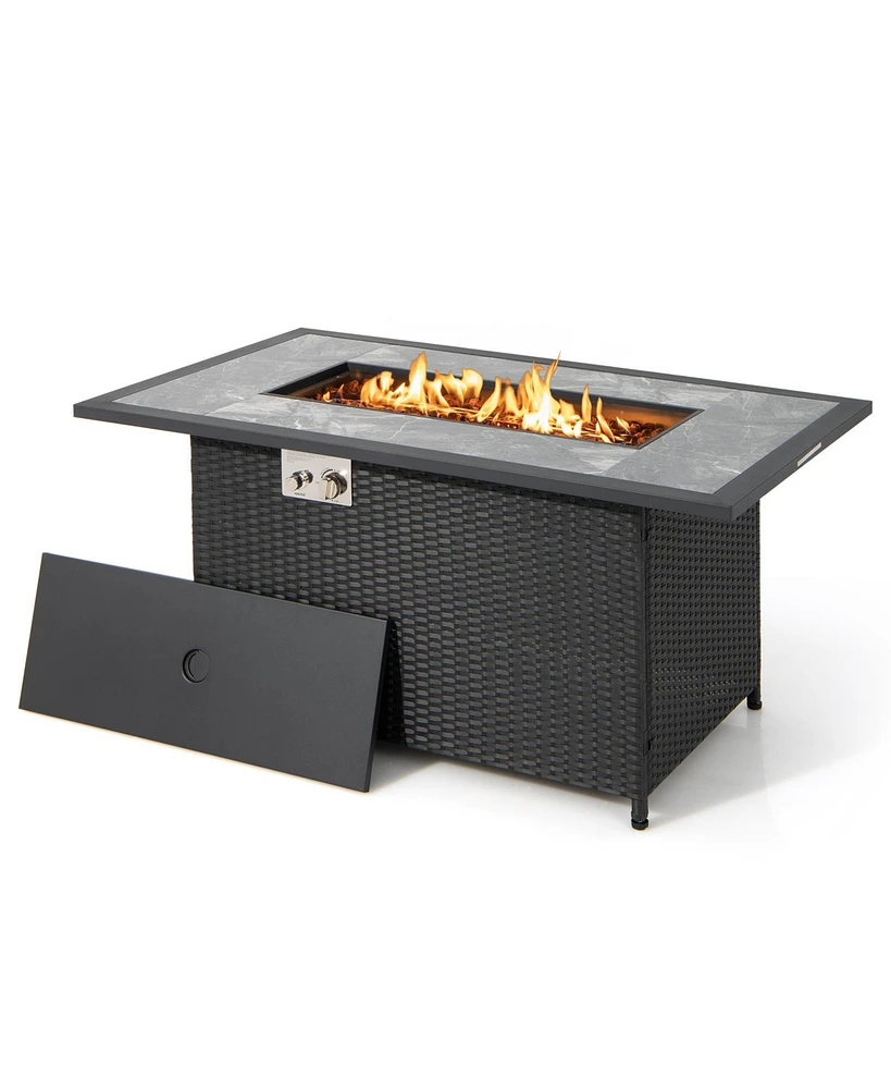Rattan Wicker Propane Fire Pit Table with Rain Cover and Lava Rock