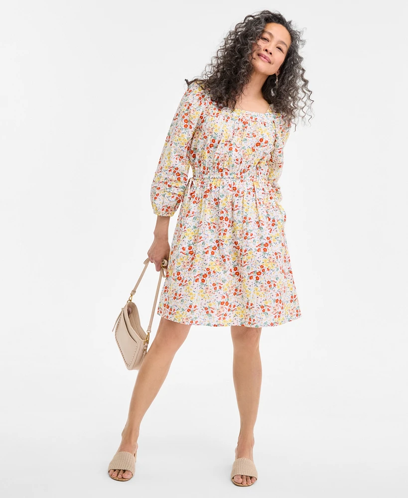 Style & Co Petite Printed Square-Neck 3/4-Sleeve Tie-Waist Dress, Exclusively at Macy's
