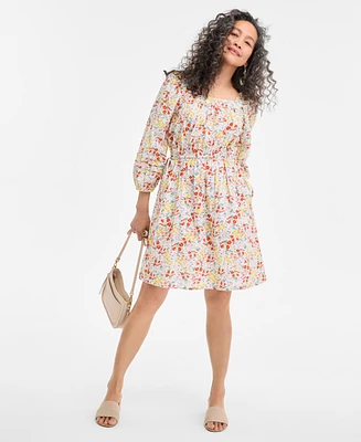 Style & Co Petite Printed Square-Neck 3/4-Sleeve Tie-Waist Dress, Exclusively at Macy's