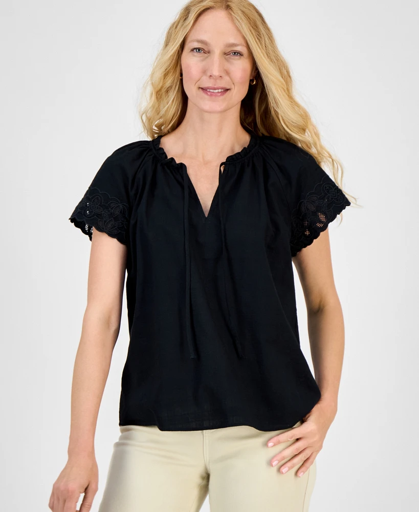 Style & Co Women's Embroidered Cotton Flutter-Sleeve Top, Exclusively at Macy's