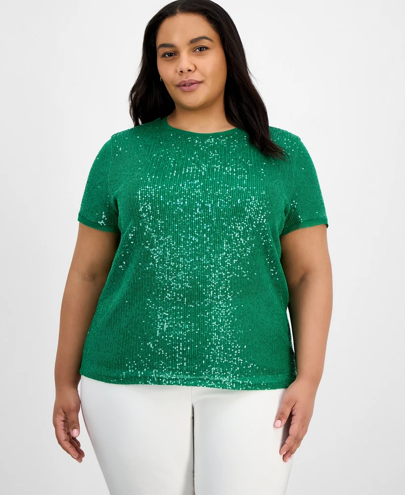 Anne Klein Plus Sequin-Embellished Short-Sleeve Top