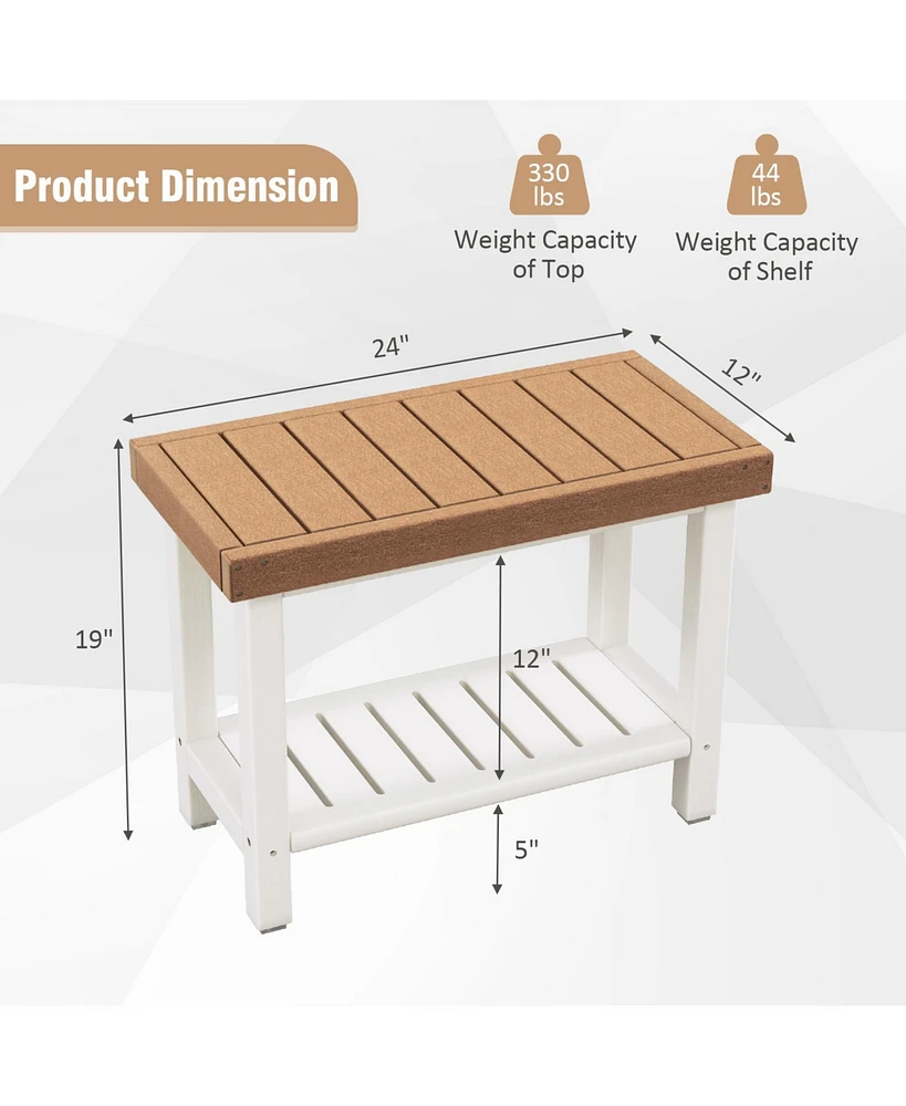 2-Tier Hdpe Shower Chair with Storage Shelf and Anti-slip Foot Pads for Bath Spa-Brown