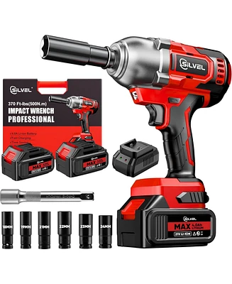 Silvel Cordless Impact Wrench, 370 Ft-lbs (500N.m) Gun 1/2 inch, 2 4.0Ah Battery Powered Brushless Wrench with 6 Sockets, Fast Charger