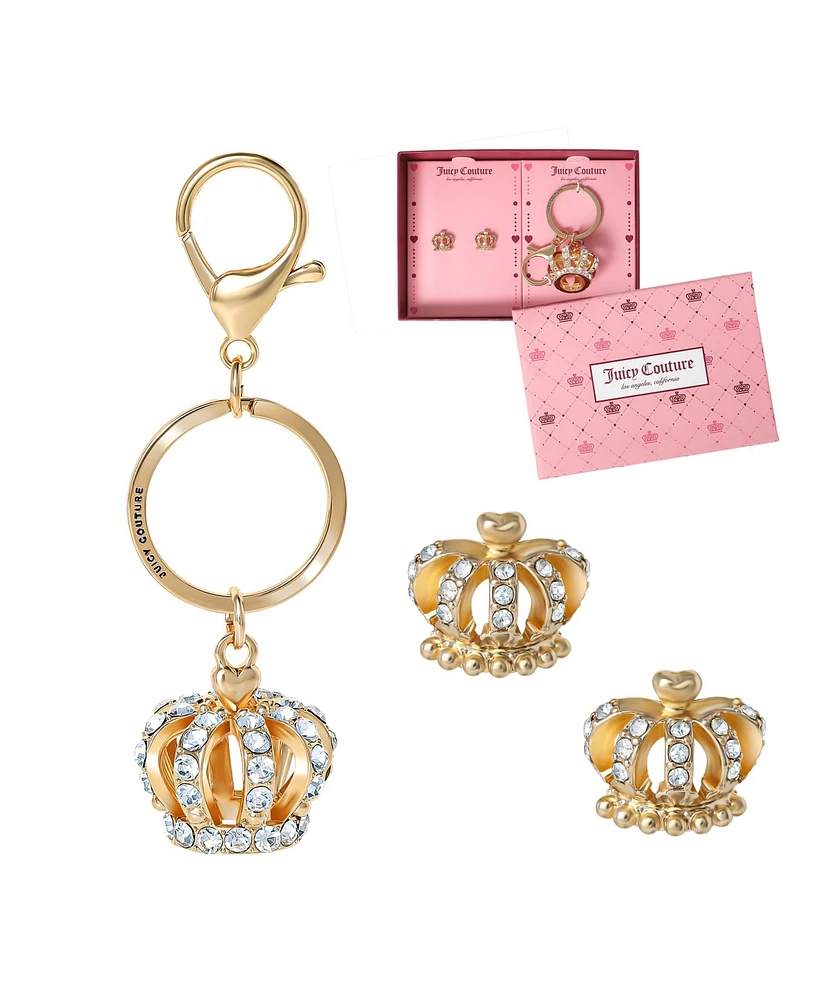 Juicy Couture Gold-Tone Crystal Crown Keychain & Earring Set