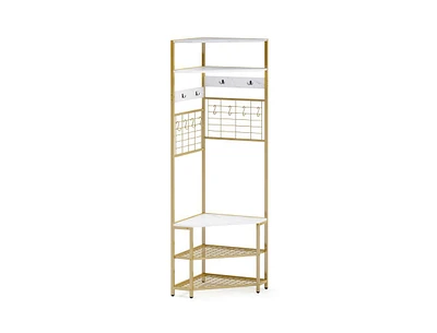 Corner Hall Tree with 5-Tier Shelves and Shoe Bench for Entryway Organization
