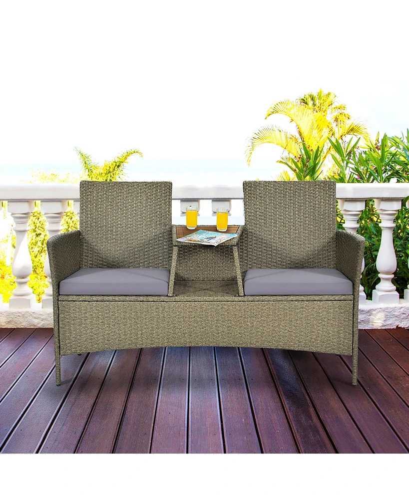 2-Person Patio Rattan Conversation Furniture Set Loveseat Coffee Table