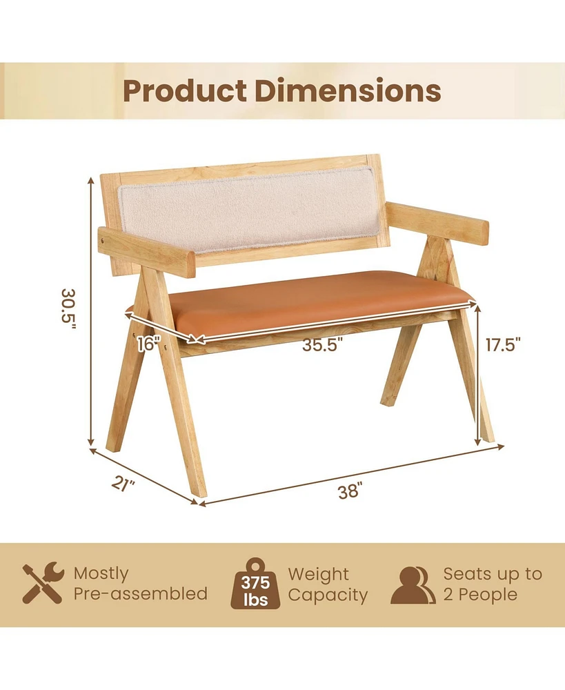 Rubber Wood Dining Bench – Armrests, Sherpa Upholstered Backrest, and Soft Padded Seat for Kitchen or Living Room Seating