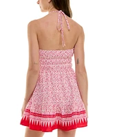 Trixxi Juniors' Halter-Neck Ruched-Waist Border-Print Dress