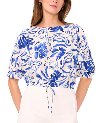 Sam & Jess Petite Printed Boat-Neck Elbow-Sleeve Top