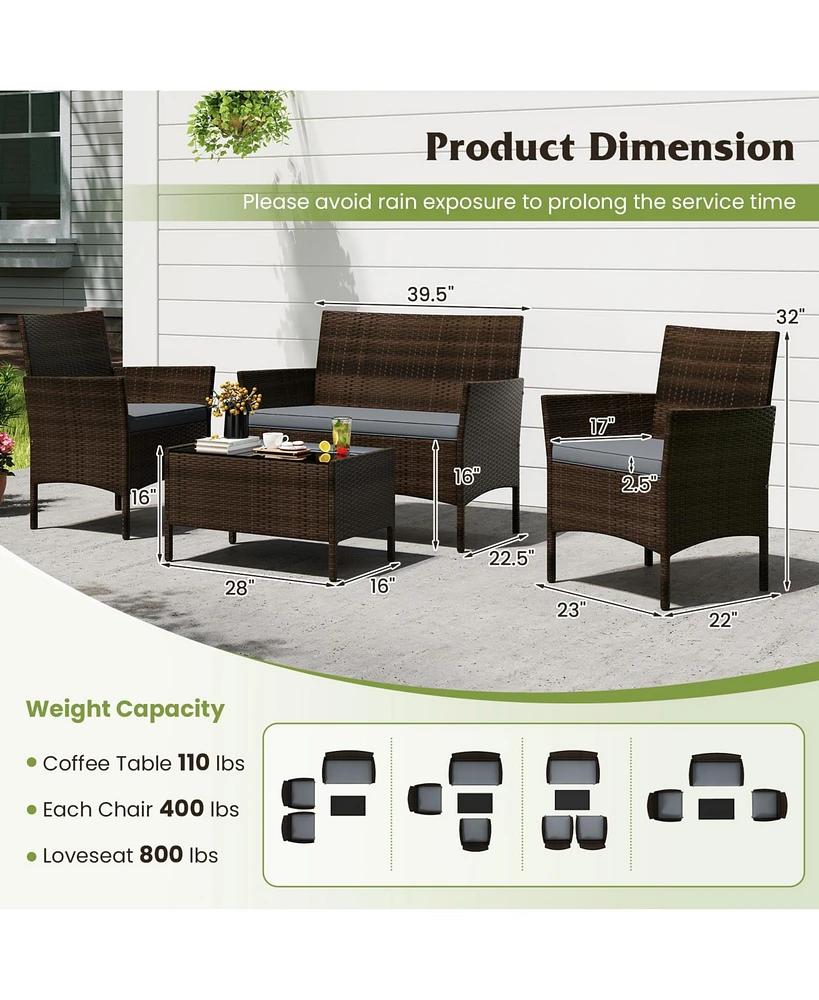 4 Pieces Patio Conversation Set, Patio Pe Rattan Outdoor Set w/