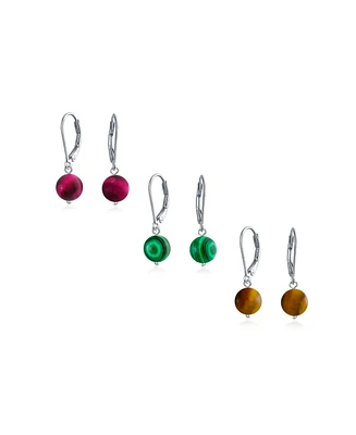Bling Jewelry Set of 3 Multi Natural Stones Drop Ball Earrings Lever Back Sterling Silver 8MM