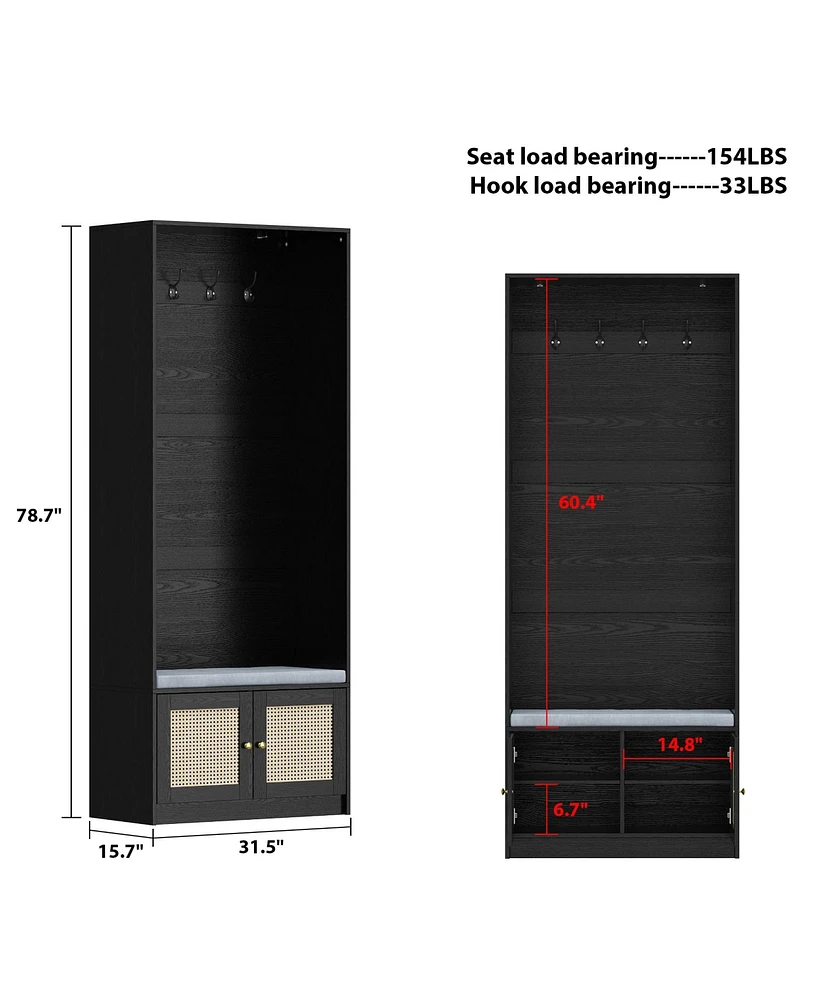 White high-gloss wooden entryway cabinet with shoe storage bench with 14 doors, soft seat for doorside storage
