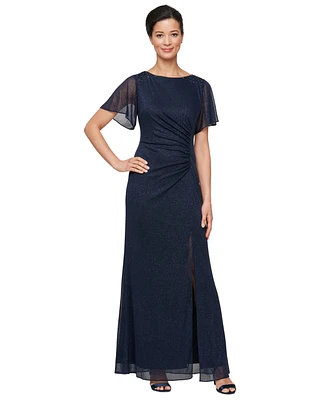 Sl Fashions Petite Flutter-Sleeve Embellished Glitter Gown
