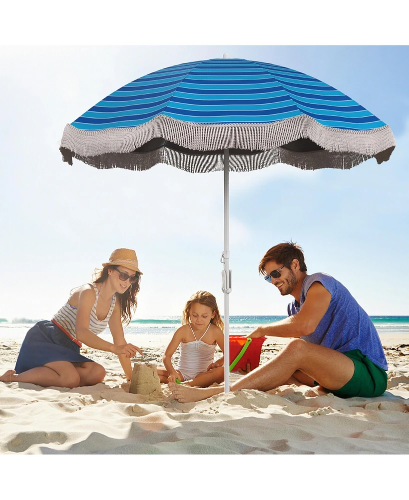 Gymax 6.5 Ft Beach Umbrella w/ Fringe Tassel Push Button Tilt Sand Anchor