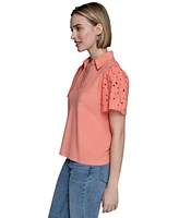 Karl Lagerfeld Paris Women's Mixed-Media Eyelet Knit Top