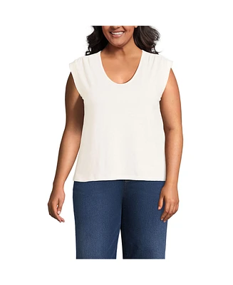 Lands' End Women's Plus Linen Blend Cap Sleeve Gathered Shoulder Tee