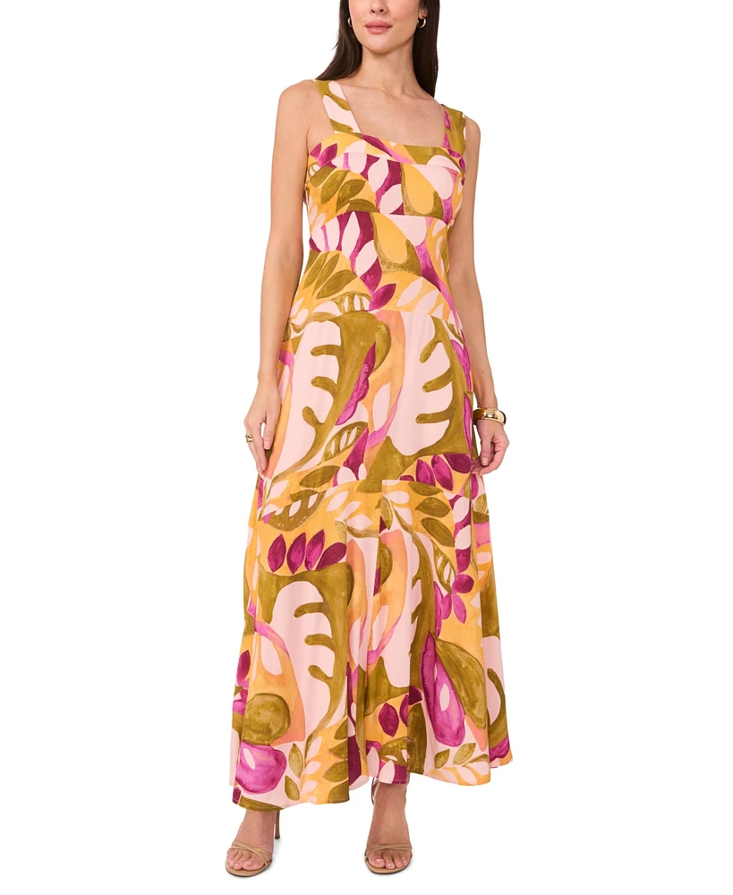 Vince Camuto Women's Printed Square-Neck Smocked-Back Sleeveless Maxi Dress