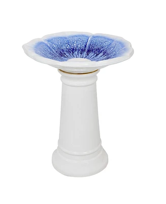 Misty Blossom Ceramic Bird Bath with Glazed Finish - White and Blue - 23" H
