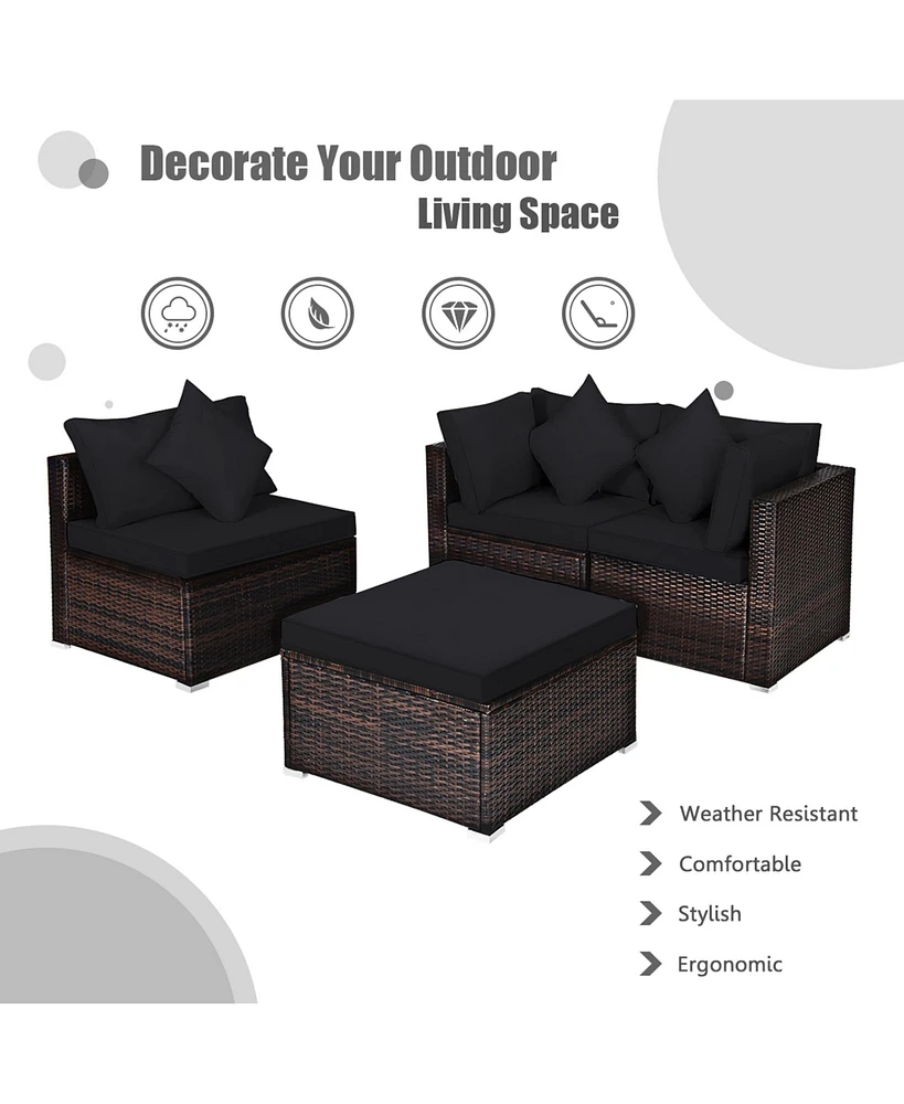 Gymax 4PCS Rattan Patio Conversation Furniture Set Yard Outdoor w/ Cushion