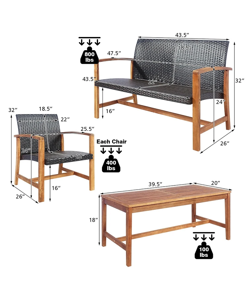 4PCS Outdoor Patio Rattan Furniture Set Acacia Wood Frame Sofa Loveseat Garden