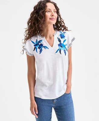 Style & Co Petite Embroidered Cotton Flutter-Sleeve Top, Exclusively at Macy's