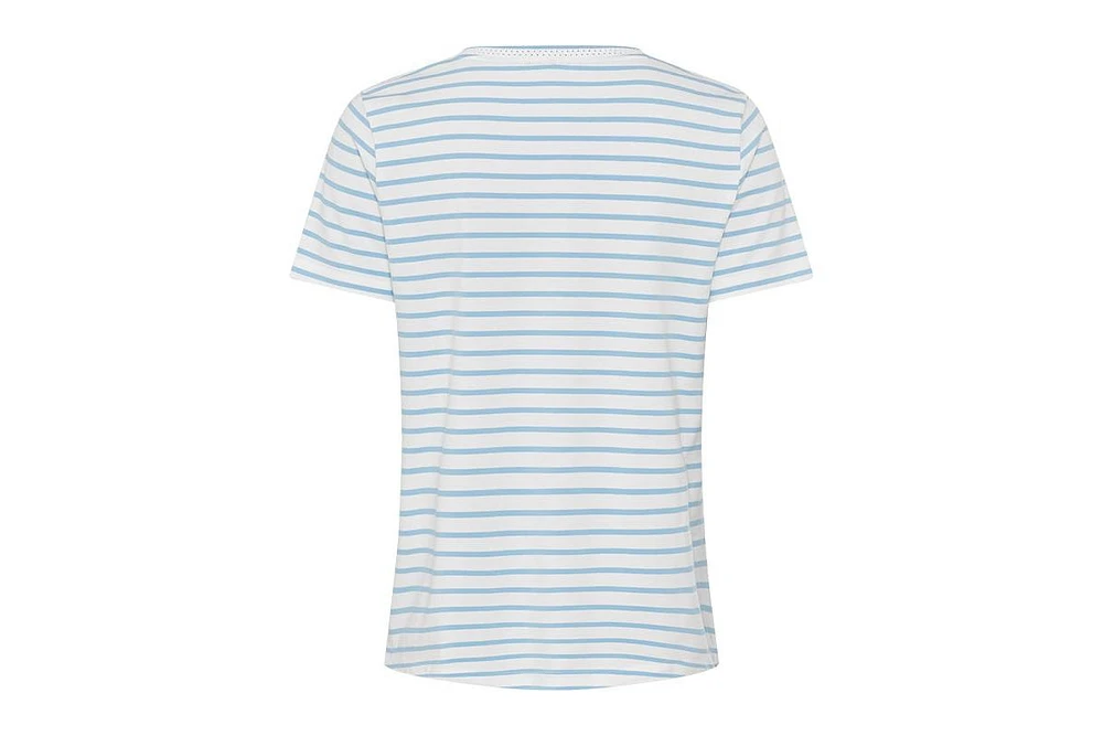 Olsen Women's Striped Embroidered Trim V-Neck Tee