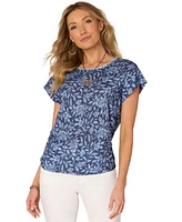 Democracy Petite Printed Side-Shirred Rolled-Cuff Top