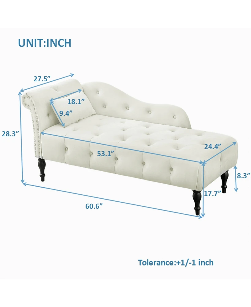 60 Inch Velvet Tufted Chaise Lounge with Nailhead Trim Solid Wood Legs and Pillow for Living Room Bedroom Reading or Relaxing-The Pop Home