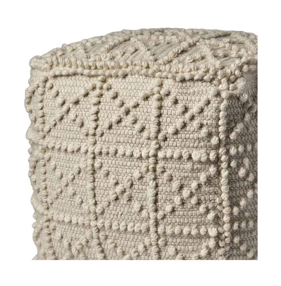 Ivory Wool Sqaure Pouf With Popcorn Detail