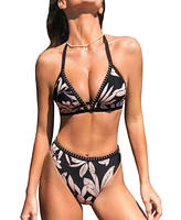 Cupshe Women's Burgandy Whip Stitch Bikini Top & Paisley High-Rise Bottoms Set