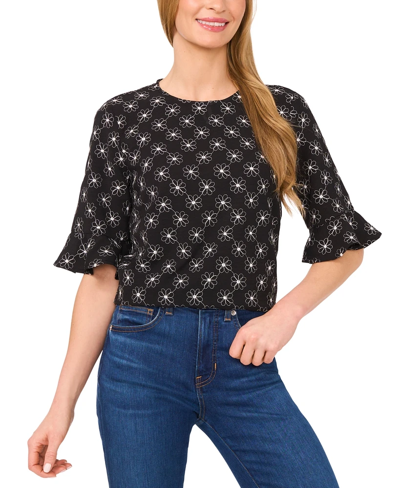 CeCe Women's Short Sleeve Ruffle Cuff Crew Neck Top