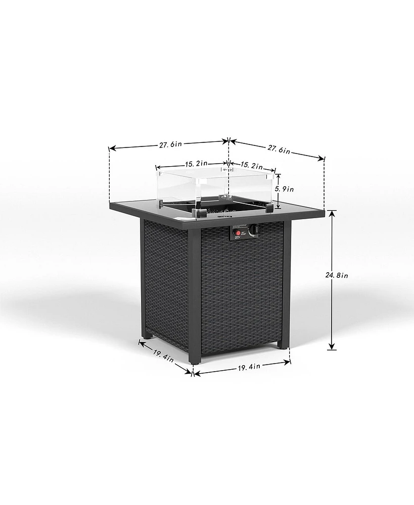 28 in. Propane Fire Pit Table, Rattan and Wicker,50000 Btu, Tempered with Glass Windscreen