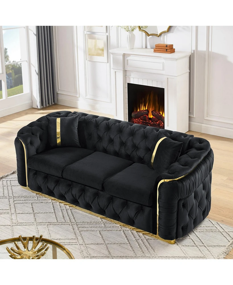 90.6" Velvet Button Tufted Chesterfield Sofa - Black