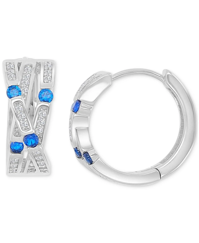Blue Cubic Zirconia Pave Three-Row Overlapped Huggie Earrings in Sterling Silver