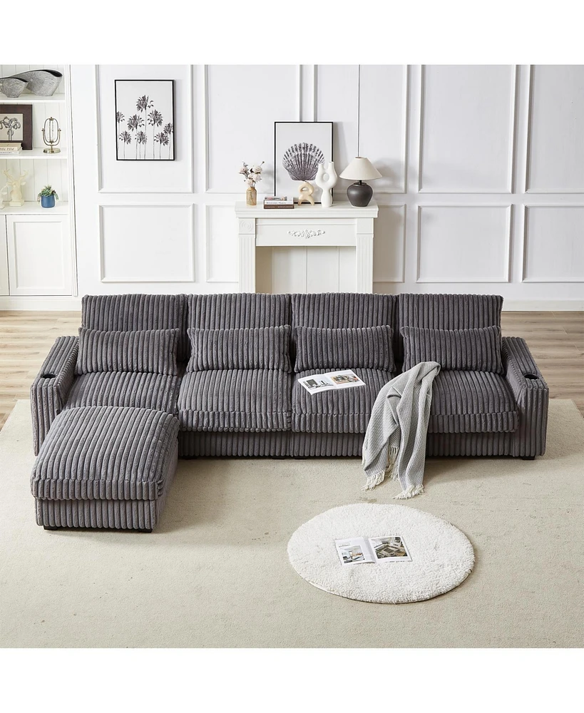 126" Corduroy L-Shaped Sofa w/ Cup Holder, Usb