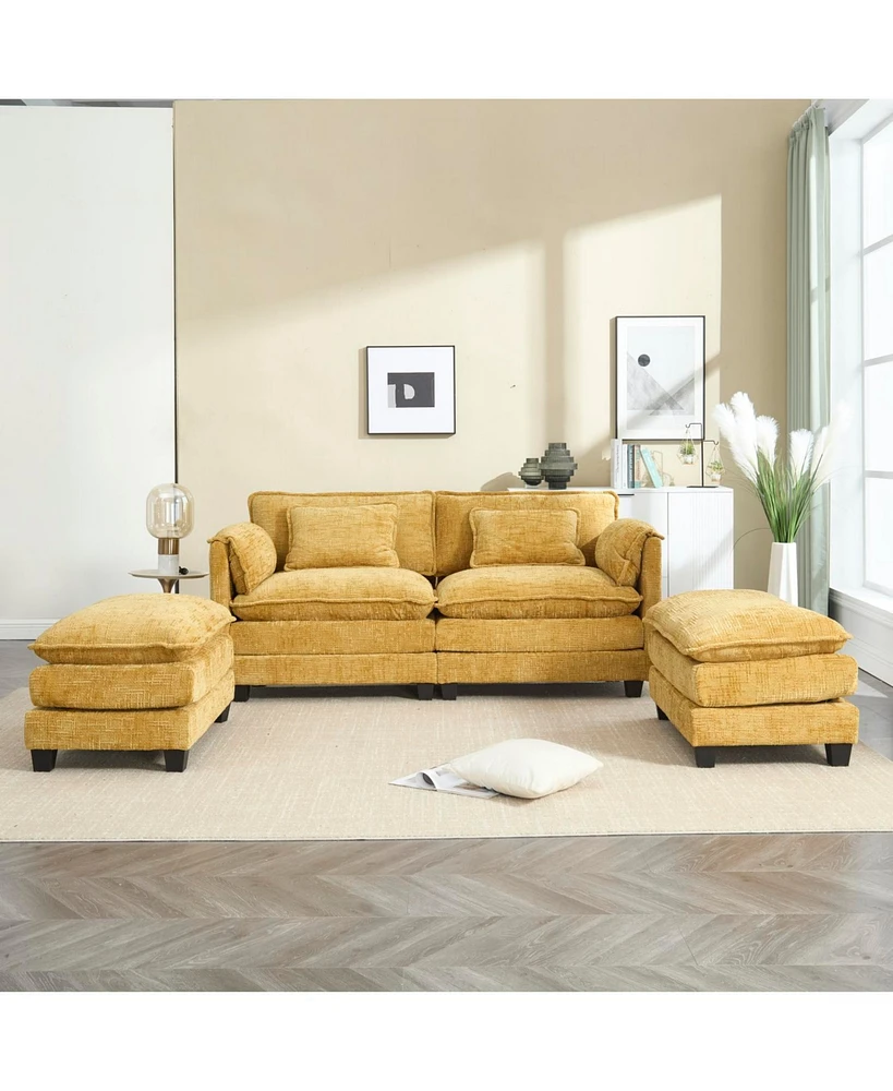 Chenille Sofa with Footstools and Armrests