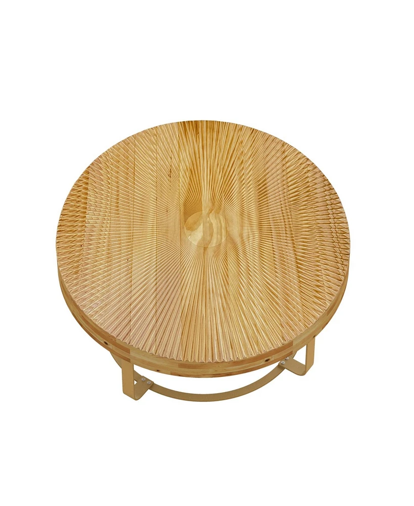 Modern Round Coffee Table with Carved Pine Top and Metal Legs