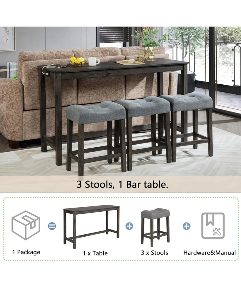 4-Piece Bar Table Set with Outlet and Padded Stools for Living and Dining Rooms