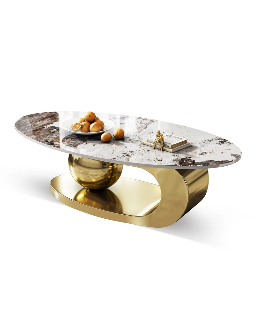 51 Inches Oval Faux Marble Coffee Table for Living Room with Stainless Steel Base