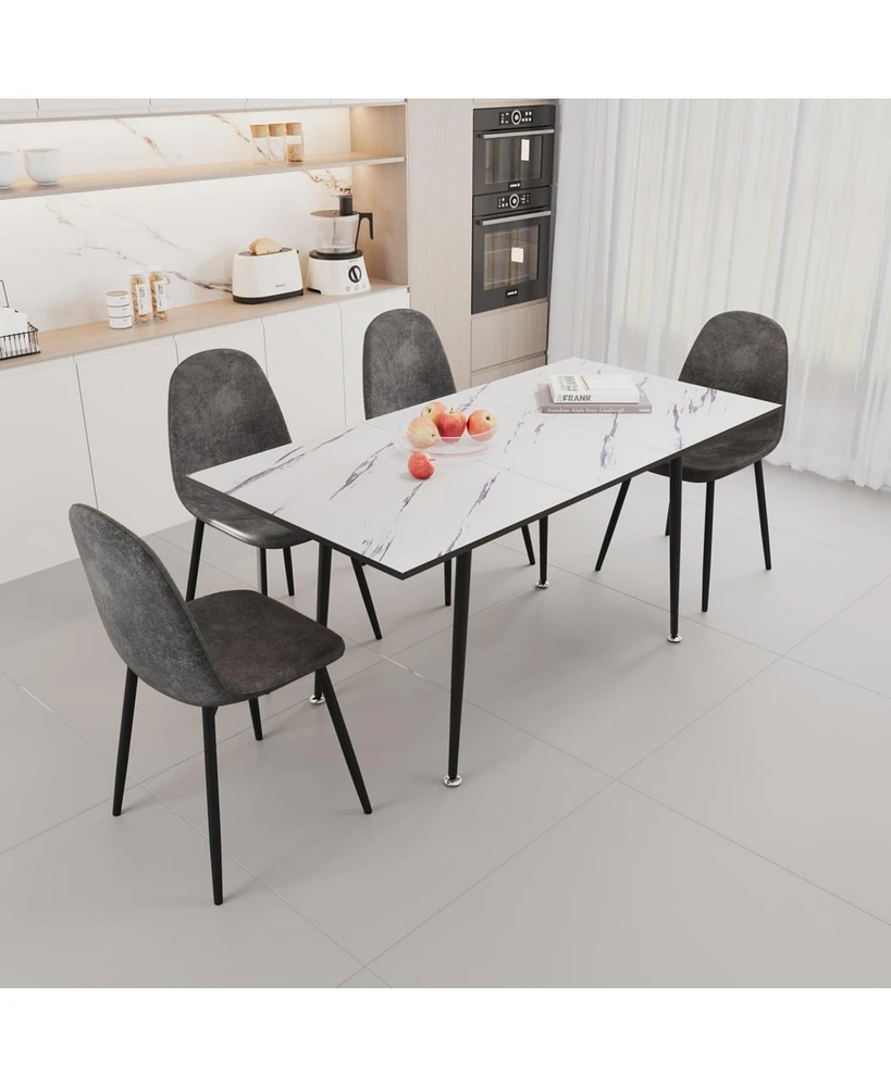 Modern 47"-63" Extendable Dining Table & Chair Set, 4-Piece, White Table, Gray Round Chairs