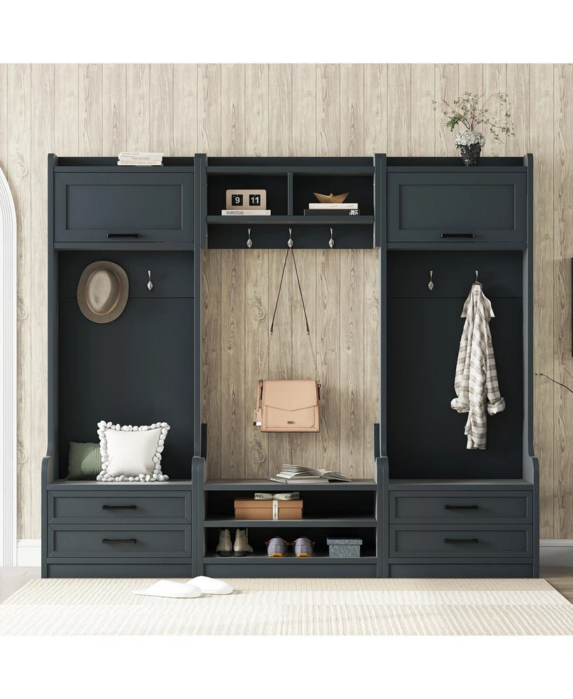 4-in-1 Hall Tree: Storage, Hooks, Drawers & Bench - Antique Blue
